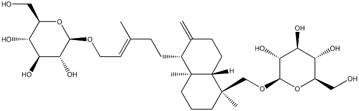 [(E)-5-[[(1R,4aβ)-デカヒドロ-5β-[(β-D-グルコピラノシルオキシ)メチル]-5,8aα-ジメチル-2-メチレンナフタレン]-1α-イル]-3-メチル-2-ペンテニル]β-D-グルコピラノシド 化学構造式
