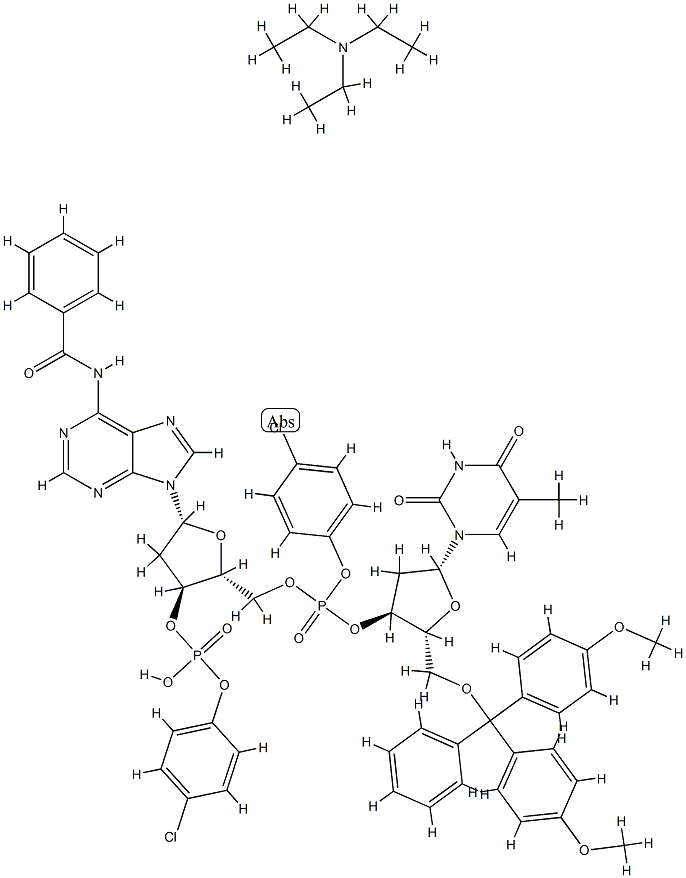 3'-Adenylic acid, 5'-O-[bis(4-methoxyphenyl)phenylmethyl]-P-(4-chlorophenyl)thymidylyl-(3'->5')-N-benzoyl-2'-deoxy-, mono(4-chlorophenyl)ester, compd. with N,N-diethylethanamine (1:1),93892-15-0,结构式