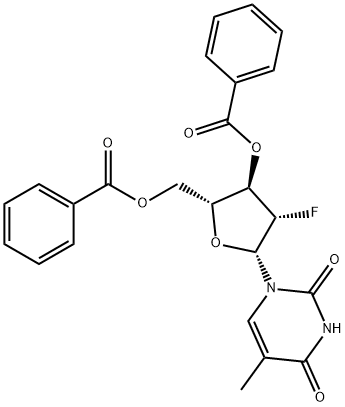 1-(3,5-二-O-苯甲酰基-2-脱氧-2-氟-BETA-D-阿拉伯呋喃糖基)-5-甲基-2,4(1H,3H)-嘧啶二酮, 97614-47-6, 结构式