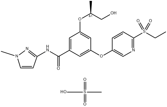 3-{[6-(エタンスルホニル)ピリジン-3-イル]オキシ}-5-[(1-ヒドロキシプロパン-2-イル)オキシ]-N-(1-メチルピラゾール-3-イル)ベンズアミド;メタンスルホン酸 化学構造式