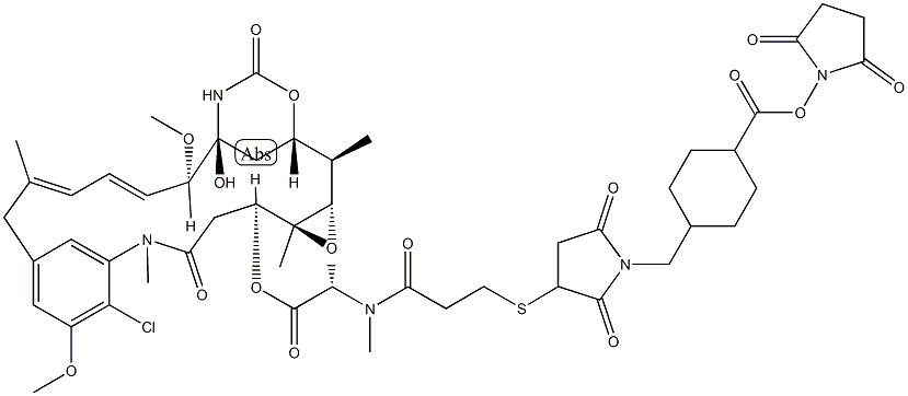 2,5-ジオキソピロリジン-1-イル4-{[3-({2-[(1-{[(1S,2R,3S,5S,6S,16E,18E,20R,21S)-11-クロロ-21-ヒドロキシ-12,20-ジメトキシ-2,5,9,16-テトラメチル-8,23-ジオキソ-4,24-ジオキサ-9,22-ジアザテトラシクロ[19.3.1.110,14.03,5]ヘキサコサ-10,12,14(26),16,18-ペンタエン-6-イル]オキシ}-1-オキソプロパン-2-イル)(メチル)カルバモイル]エチル}スルファニル)-2,5-ジオキソピロリジン-1-イル]メチル}シクロヘキサン-1-カルボキシラート 化学構造式