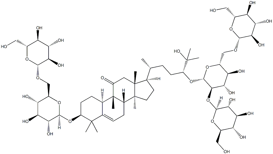 (24R)-3β-[6-O-(β-D-グルコピラノシル)-β-D-グルコピラノシルオキシ]-24-[2-O,6-O-ビス(β-D-グルコピラノシル)-β-D-グルコピラノシルオキシ]-25-ヒドロキシククルビタ-5-エン-11-オン 化学構造式