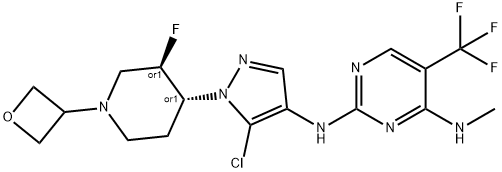 N′-メチル-N-[1-[1-(オキセタン-3-イル)-3α-フルオロピペリジン-4β-イル]-5-クロロ-1H-ピラゾール-4-イル]-5-(トリフルオロメチル)ピリミジン-2,4-ジアミン 化学構造式