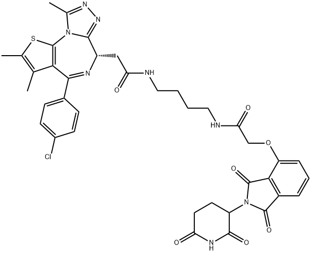 [4-[[[6,9a-ジヒドロ-2,3,9-トリメチル-4-(4-クロロフェニル)-5,7,8,9a-テトラアザアズレノ[4,5-b]チオフェン-6α-イル]アセチル]アミノ]ブチル]カルバミド酸1,3-ジオキソ-2-(2,6-ジオキソピペリジン-3-イル)-2H-イソインドール-4-イル 化学構造式