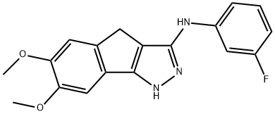 N-(3-フルオロフェニル)-6,7-ジメトキシ-1,4-ジヒドロインデノ[1,2-c]ピラゾール-3-アミン 化学構造式