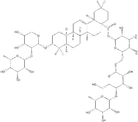 3β-[(2-O-α-L-ラムノピラノシル-α-L-アラビノピラノシル)オキシ]オレアナ-12-エン-28-酸6-O-(4-O-α-L-ラムノピラノシル-β-D-グルコピラノシル)-β-D-グルコピラノシル 化学構造式