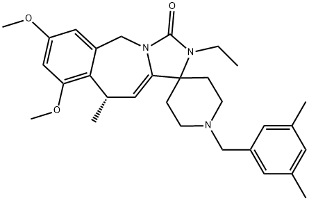 (10S)-1'-[(3,5-Dimethylphenyl)methyl]-2-ethyl-5,10-dihydro-7,9-dimethoxy-10-methylspiro[1H-imidazo[1,5-b][2]benzazepine-1,4'-piperidin]-3(2H)-one 化学構造式