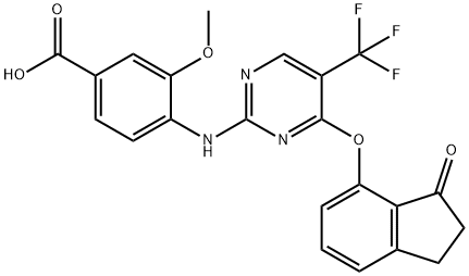3-METHOXY-4-(4-(3-OXO-2,3-DIHYDRO-1H-INDEN-4-YLOXY)-5-(TRIFLUOROMETHYL)PYRIMIDIN-2-YLAMINO)BENZOIC A,1227948-58-4,结构式