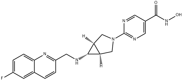 5-Pyrimidinecarboxamide, 2-[(1a,5a,6a)-6-[[(6-fluoro-2-quinolinyl)methyl]amino]-3-azabicyclo[3.1.0]hex-3-yl]-N-hydroxy- Struktur