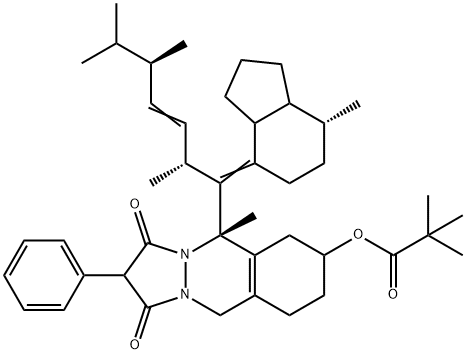 1314402-66-8 2,2-Dimethyl-propionic acid 5S-methyl-5-[7R-methyl-1-(1R,4R,5-trimethyl-hex-2-enyl)-octahydro-inden-4-ylidenemethyl]-
1,3-dioxo-2-phenyl-2,3,5,6,7,8,9,10-octahydro-1H-pyrazolo[1,2-b]phthalazin-7S-ylester