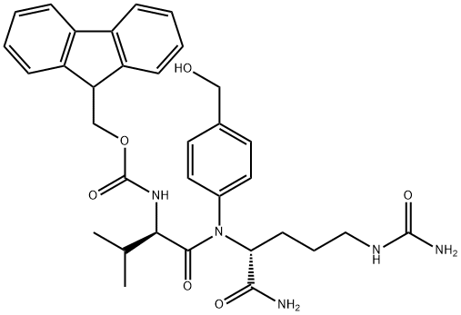(9H-fluoren-9-yl)methyl ((R)-1-(((R)-1-((4-(hydroxymethyl)phenyl)amino)-1-oxo-5-ureidopentan-2-yl)amino)-3-methyl-1-oxobutan-2-yl)carbamate Struktur