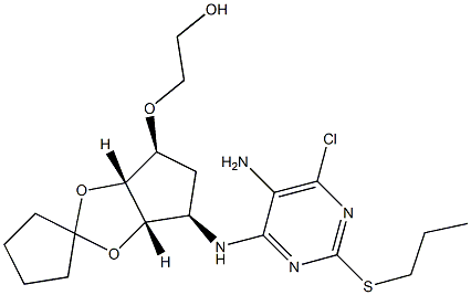 2-((3aS,4R,6S,6aR)-4-(5-amino-6-chloro-2-(propylthio)-pyrimidin-4-ylamino)tetrahydro-3aH-spiro[cyclopenta[d][1,3]dioxole-2,1'-cyclopentane]-6-yloxy)ethanol Struktur