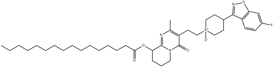 4-(6-fluorobenzo[d]isoxazol-3-yl)-1-(2-(2-methyl-4-oxo-9-(palmitoyloxy)-6,7,8,9-tetrahydro-4H-pyrido[1,2-a]pyrimidin-3-yl)ethyl)piperidine 1-oxide Struktur