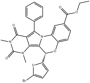 (S)-Ethyl 6-(5-bromofuran-2-yl)-7,9-dimethyl-8,10-dioxo-11-phenyl-7,8,9,10-tetrahydro-6H-benzo[b]pyrimido[4',5':3,4]pyrrolo[1,2-d][1,4]oxazine-2-carboxylate 化学構造式