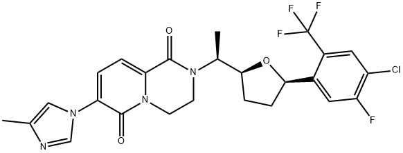 2-[(1S)-1-[(2S,5R)-5-[4-クロロ-5-フルオロ-2-(トリフルオロメチル)フェニル]オキソラン-2-イル]エチル]-7-(4-メチルイミダゾール-1-イル)-3H,4H-ピリド[1,2-a]ピラジン-1,6-ジオン 化学構造式