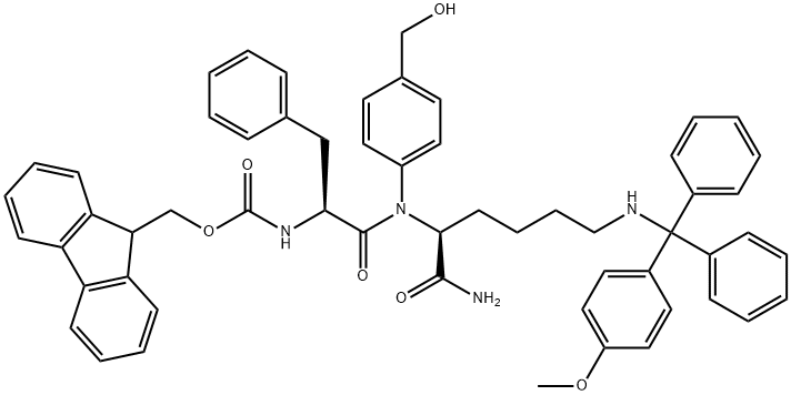 L-Lysinamide, N-[(9H-fluoren-9- ylmethoxy)carbonyl]-L-phenylalanyl-N-[4- (hydroxymethyl)phenyl]-N6-[(4- methoxyphenyl)diphenylmethyl]- 化学構造式