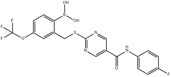 [2-[[5-[(4-fluorophenyl)carbamoyl]pyrimidin-2-yl]sulfanylmethyl]-4-(trifluoromethoxy)phenyl]boronic acid Structure
