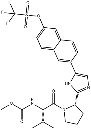 6-(2-( (S)-1-((S)-2-(甲氧羰基氨基)-3-甲基丁酰基)-2-吡咯烷基)-5-1H-咪唑基)-2-萘基三氟甲烷磺酸酯, 1807684-63-4, 结构式