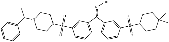 2-((4,4-dimethylcyclohexyl)sulfonyl)-7-((4-(1-phenylethyl)piperazin-1-yl)sulfonyl)-9H-fluoren-9-one oxime Structure