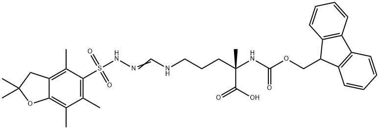 L-Ornithine, N5-[[[(2,3-dihydro-2,2,4,6,7-pentamethyl-5-benzofuranyl)sulfonyl]amino]iminomethyl]-N2-[(9H-fluoren-9-ylmethoxy)carbonyl]-2-methyl- Structure