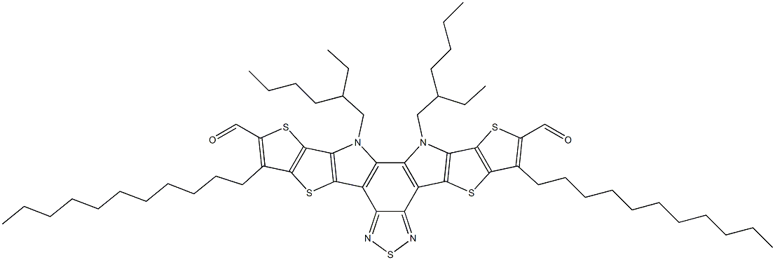 12,13-bis(2-ethylhexyl)-3,9-diundecyl-12,13-dihydro-[1,2,5]thiadiazolo[3,4-e]thieno[2'',3'':4',5']thieno[2',3':4,5]pyrrolo[3,2-g]thieno[2',3':4,5]thieno[3,2-b]indole-2,10-dicarbaldehyde 化学構造式
