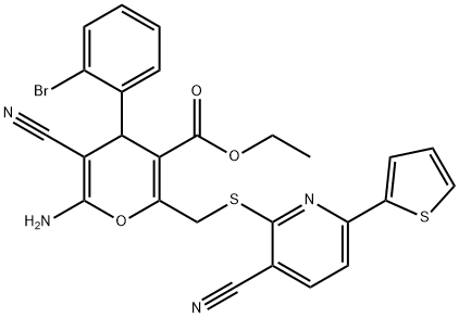 ethyl 6-amino-4-(2-bromophenyl)-5-cyano-2-({[3-cyano-6-(2-thienyl)-2-pyridinyl]sulfanyl}methyl)-4H-pyran-3-carboxylate Structure