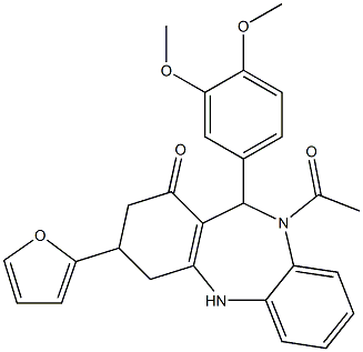 10-acetyl-11-(3,4-dimethoxyphenyl)-3-(2-furyl)-2,3,4,5,10,11-hexahydro-1H-dibenzo[b,e][1,4]diazepin-1-one Structure