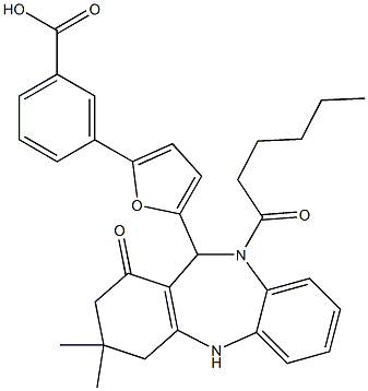 3-[5-(10-hexanoyl-3,3-dimethyl-1-oxo-2,3,4,5,10,11-hexahydro-1H-dibenzo[b,e][1,4]diazepin-11-yl)-2-furyl]benzoic acid 结构式