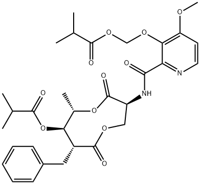 (3S,6S,7R,8R)-8-benzyl-3-{[(4-methoxy-3-{[(2-methylpropanoyl)oxy]methoxy}pyridin-2-yl)carbonyl]amino}-6-methyl-4,9-dioxo-1,5-dioxonan-7-yl 2-methylpropanoate Structure
