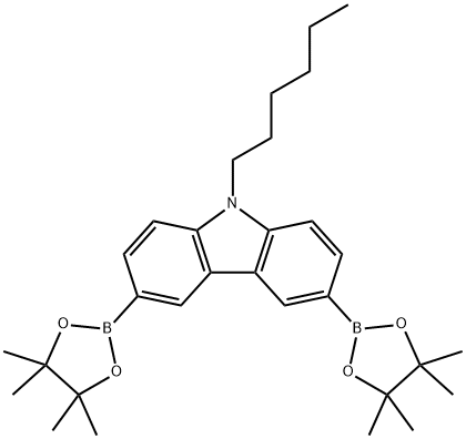 9-ヘキシル-3,6-ビス(4,4,5,5-テトラメチル-1,3,2-ジオキサボロラン-2-イル)-9H-カルバゾール 化学構造式