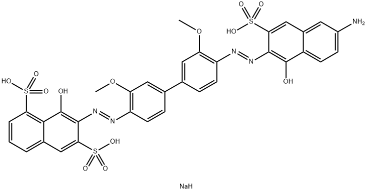 1,6-Naphthalenedisulfonic acid, 7-[[4'-[(6-amino-1-hydroxy-3-sulfo-2-naphthalenyl)azo]-3,3'-dimethoxy[1,1'-biphenyl]-4-yl]azo]-8-hydroxy-, trisodium salt Struktur