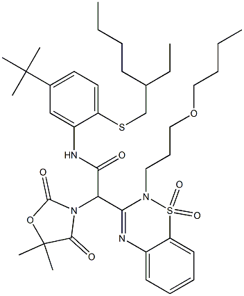 2-[2-(3-butoxypropyl)-1,1-dioxo-1,2,4-benzothiadiazin-3-yl]-5'-tert-butyl-2-(5,5-dimethyl-2,4-dioxo-1,3-oxazolidin-3-yl)-2'-[(2-ethylhexyl)thio]acetanilide Structure
