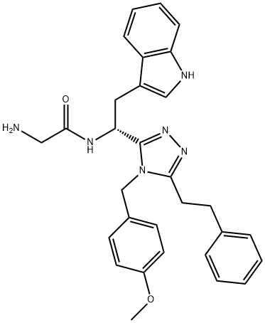 2-アミノ-N-[(R)-2-(1H-インドール-3-イル)-1-[4-[(4-メトキシフェニル)メチル]-5-(2-フェニルエチル)-4H-1,2,4-トリアゾール-3-イル]エチル]アセトアミド 化学構造式