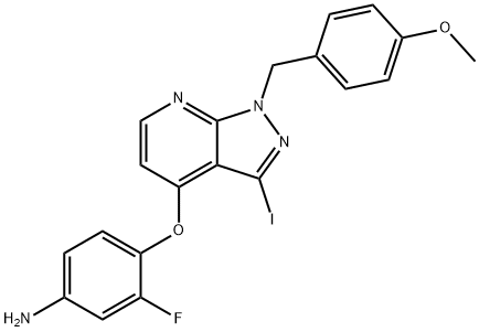 3-fluoro-4-(3-iodo-1-(4-methoxybenzyl)-1H-pyrazolo[3,4-b]pyridin-4-yloxy)aniline Structure
