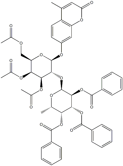 4-Methylumbelliferyl 3,4,6-Tri-O-acetyl-2-O-(2,3,4-tri-O-benzoyl-a-L-fucopyranosyl)-b-D-galactopyranoside Structure