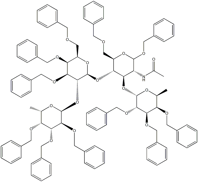 2-乙酰氨基-1,6-二-O-苄基-3-O-(2,3,4-三-O-苄基-Α-L-呋喃糖基)-4-O-〔2-O-(2,3-,4-三-O-苄基Α-FUCOPYRANOSYL)-3,4,6三-O-苄基BD-D-吡喃半乳糖] -2-脱氧D-D-吡喃葡萄糖苷, , 结构式