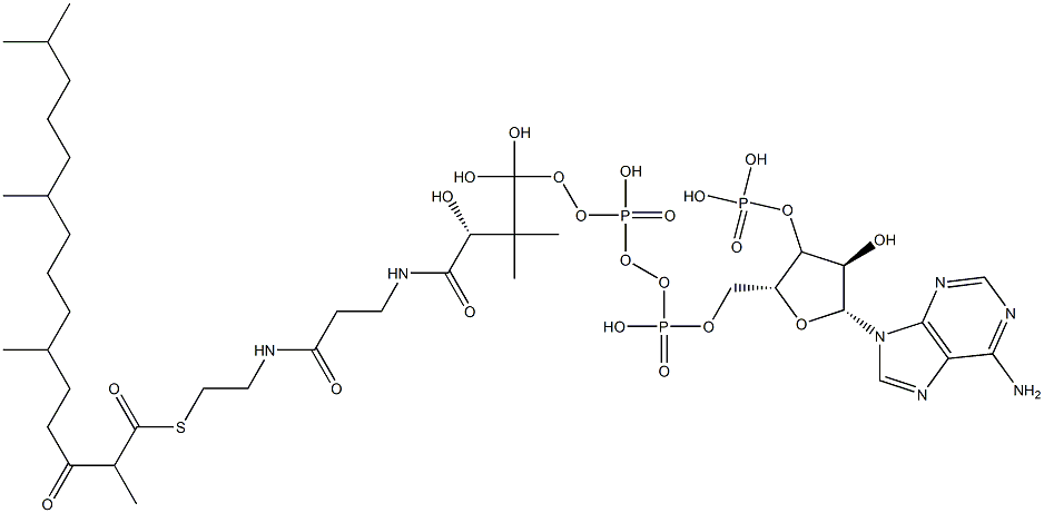 [(2R,3R,4R,5R)-5-(6-aminopurin-9-yl)-4-hydroxy-2-[[hydroxy-[hydroxy-[3-hydroxy-2,2-dimethyl-3-[2-[2-(2,6,10,14-tetramethyl-3-oxo-pentadecanoyl)sulfanylethylcarbamoyl]ethylcarbamoyl]propoxy]phosphoryl]oxy-phosphoryl]oxymethyl]oxolan-3-yl]oxyphosphonic acid Struktur