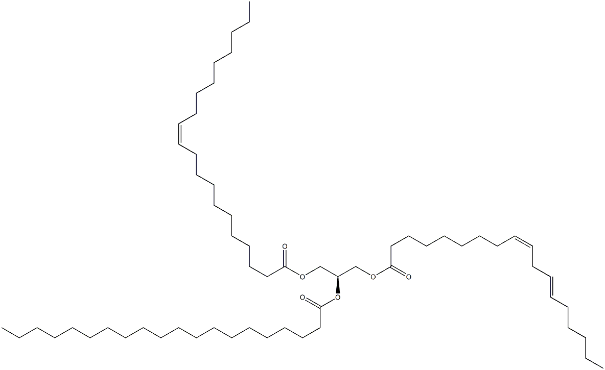 1-(9Z,12Z-octadecadienoyl)-2-eicosanoyl-3-(11Z-eicosenoyl)-sn-glycerol 结构式
