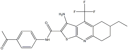 N-(4-acetylphenyl)-3-amino-6-ethyl-4-(trifluoromethyl)-5,6,7,8-tetrahydrothieno[2,3-b]quinoline-2-carboxamide Struktur