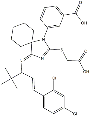 3-{4-{[1-tert-butyl-3-(2,4-dichlorophenyl)-2-propenyl]imino}-2-[(carboxymethyl)sulfanyl]-1,3-diazaspiro[4.5]dec-2-en-1-yl}benzoic acid Struktur
