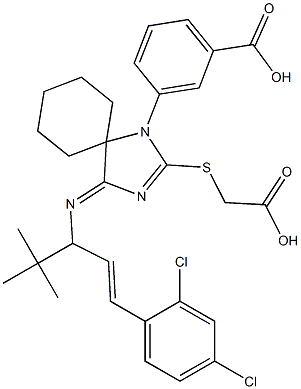 3-{4-{[1-tert-butyl-3-(2,4-dichlorophenyl)-2-propenyl]imino}-2-[(carboxymethyl)sulfanyl]-1,3-diazaspiro[4.5]dec-2-en-1-yl}benzoic acid 结构式