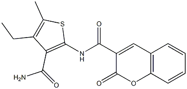N-[3-(aminocarbonyl)-4-ethyl-5-methyl-2-thienyl]-2-oxo-2H-chromene-3-carboxamide Struktur