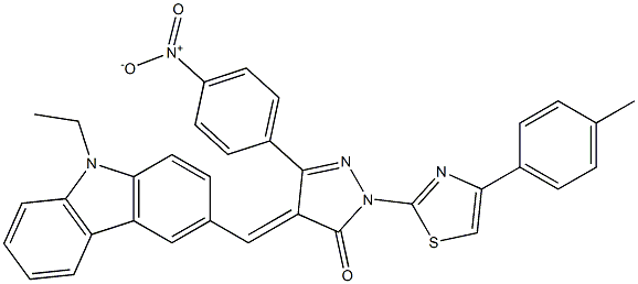 4-[(E)-(9-ethyl-9H-carbazol-3-yl)methylidene]-2-[4-(4-methylphenyl)-1,3-thiazol-2-yl]-5-(4-nitrophenyl)-2,4-dihydro-3H-pyrazol-3-one Struktur