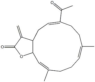 (5E,9E,13E)-6-Acetyl-9,13-dimethyl-3-methylene-3,3a,4,7,8,11,12,14a-octahydro-2H-cyclotrideca[b]furan-2-one Struktur