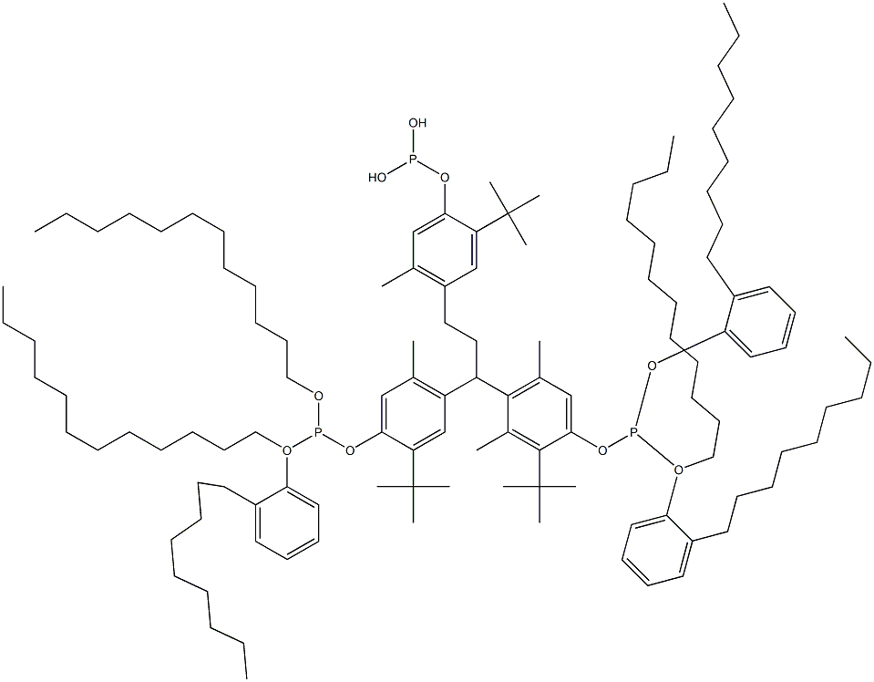 [3-Methyl-1,1,3-propanetriyltris(2-tert-butyl-5-methyl-4,1-phenyleneoxy)]tris(phosphonous acid)O,O',O''-tridodecyl O,O',O''-tris(2-nonylphenyl) ester Structure