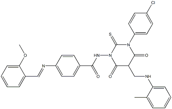 4-(2-Methoxybenzylideneamino)-N-[[hexahydro-4,6-dioxo-2-thioxo-3-(4-chlorophenyl)-5-(2-methylphenylaminomethyl)pyrimidin]-1-yl]benzamide