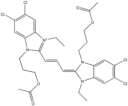 1-[3-(Acetyloxy)propyl]-2-[3-[[1-[3-(acetyloxy)propyl]-5,6-dichloro-3-ethyl-1,3-dihydro-2H-benzimidazol]-2-ylidene]-1-propenyl]-5,6-dichloro-3-ethyl-1H-benzimidazol-3-ium Structure