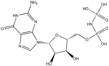 2-アミノ-9-[5-O-[ヒドロキシ(ホスホノアミノ)ホスフィニル]-β-D-リボフラノシル]-9H-プリン-6-オール 化学構造式