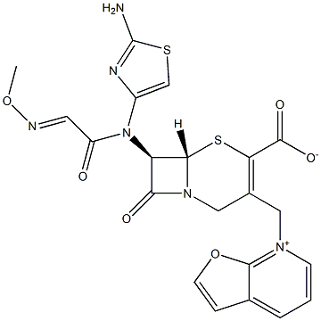 (7R)-7-[(2-アミノ-4-チアゾリル)(メトキシイミノ)アセチルアミノ]-3-[[(フロ[2,3-b]ピリジン-7-イウム)-7-イル]メチル]セファム-3-エン-4-カルボン酸 化学構造式