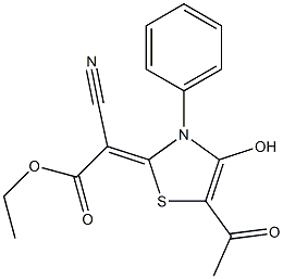 5-Acetyl-2,3-dihydro-4-hydroxy-3-phenyl-2-[cyano(ethoxycarbonyl)methylene]thiazole Struktur